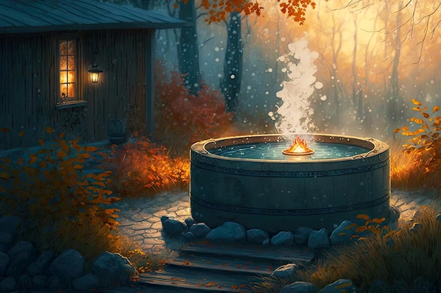 Autumn evening and cosy outdoor hot tub with steaming water