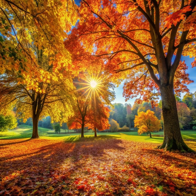 Autumn fall landscape in park Colorful leaves sun shining through trees