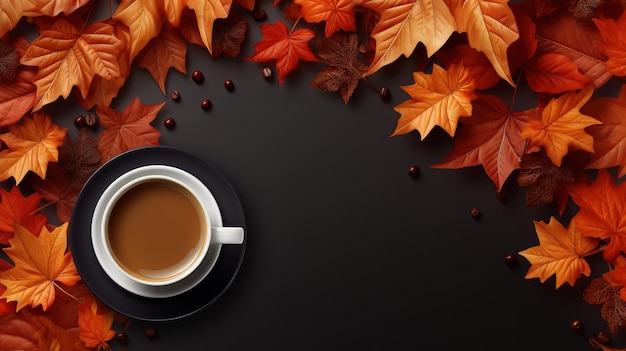 Autumn fall maple leaves and cup of black coffee autumn card for your design Generative Ai