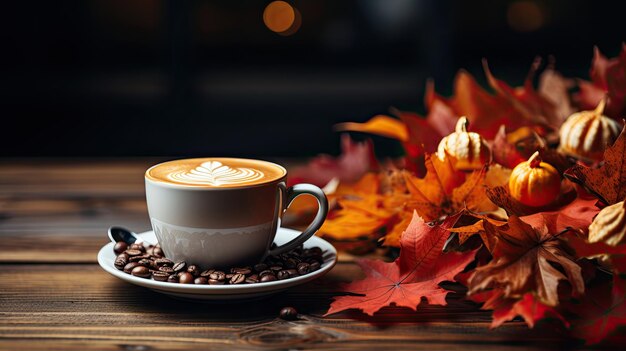 Autumn and fall season hot coffee with fake maple leaf on wood table