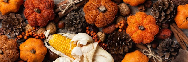 Autumn fall thanksgiving day composition with decorative pumpkins banner