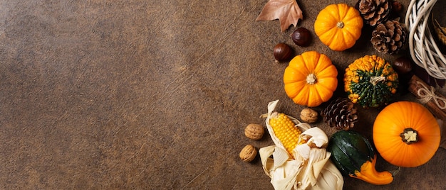 Autumn fall thanksgiving day composition with decorative pumpkins banner