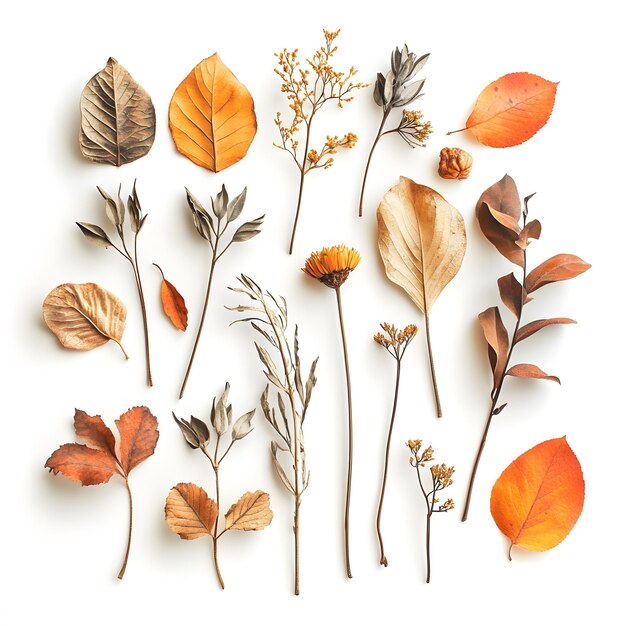 Photo autumn fall thanksgiving day floral composition with dried leaves isolated on white background