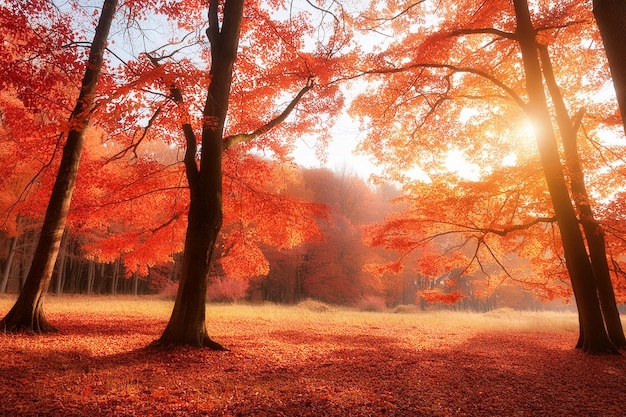 Autumn fall tree in a forest with the sun shining through the red leaves