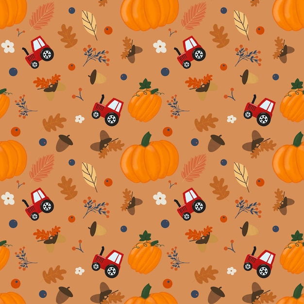 Autumn farm seamless pattern on orange background