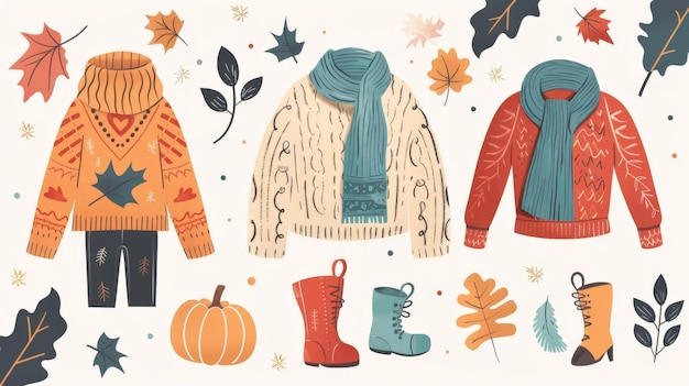 Photo autumn fashion illustration with sweaters scarves and leaves