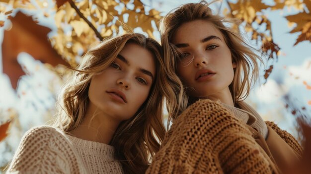 Autumn fashion photoshoot models amidst golden leaves and crisp air