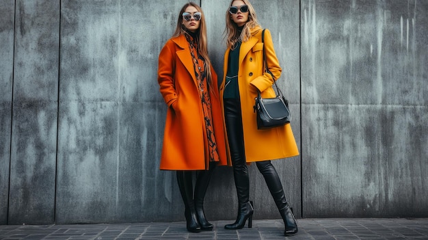 Photo autumn fashion two women in trendy clothes coat high boots bags street style outfit