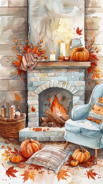 Autumn Fireplace with Candles and Cozy Armchair