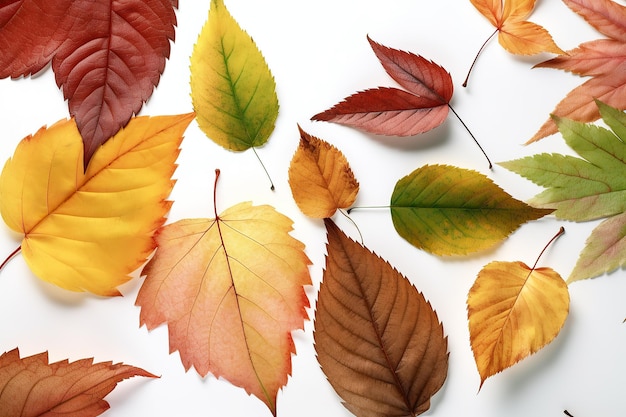 Autumn flat lay background on white autumn leaves and fruits decorative background