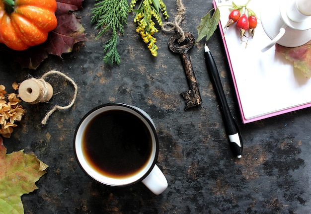 Autumn flat lay composition with blank paper card letter envelope coffee cup scarf fallen leaves on beige background Autumn hygge style desk table top view