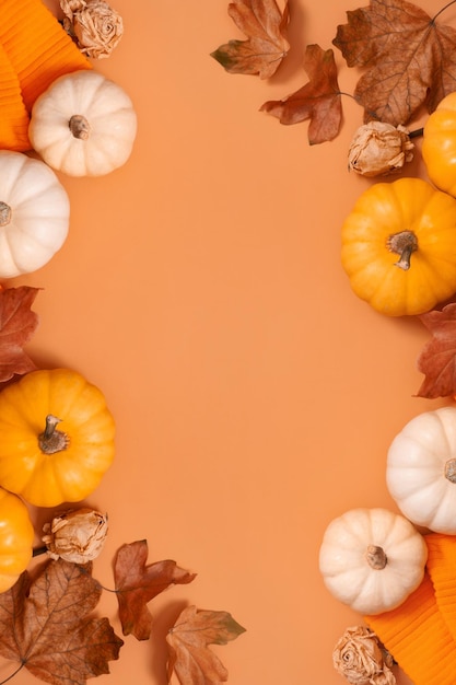 Autumn flat lay composition with pumpkins and fallen leaves and sweater with space for text Vertical format