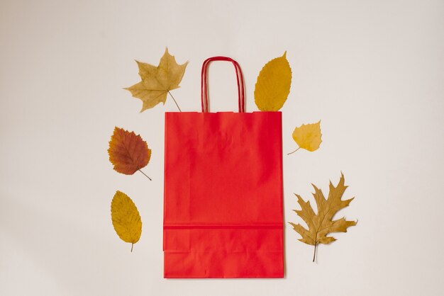 Autumn flat lay A craft red bag and autumn fallen leaves side by side on a light background