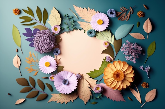 Autumn floral background with copy space Flat lay top view Generative AI