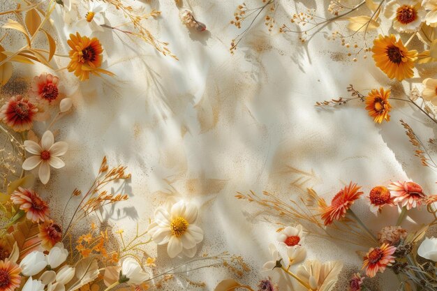 Autumn Floral Composition with Beautiful Flowers on Light Backdrop