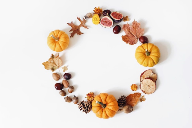 Autumn floral composition with orange pumpkins Wreath of dry maple oak leaves flowers acorns fig and apple fruit White table background Fall Halloween or Thanksgiving design Flat lay top view