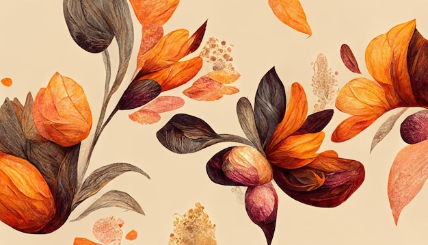 Autumn floral detail and texture Abstract floral organic wallpaper background illustration with organic line the leaves are lined up close together