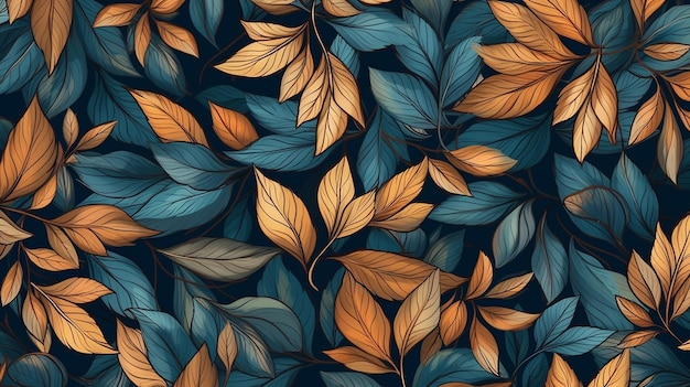 Autumn floral pattern brown and gold leaves and blue Generative AI