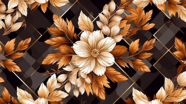 Autumn floral pattern brown and gold leaves and rhombus Generative AI