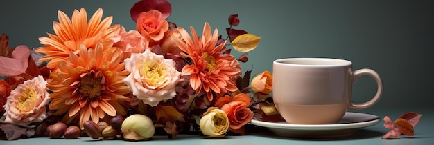 Photo autumn flower theme with coffee cup