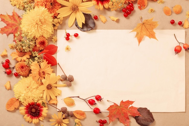 Autumn flowers and leaves on paper background