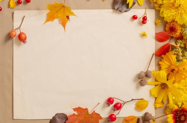 Autumn flowers and leaves on paper background