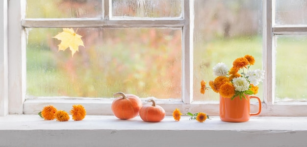 Autumn flowers and pumpkins on old white windowsill