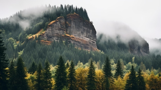 Autumn Fog A Serene 8k Resolution Scene Of Trees And Rock Cliffs