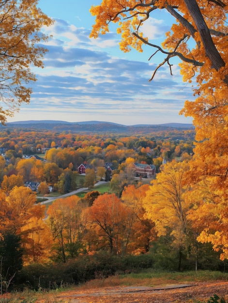 Autumn foliage landscape in Massachusetts Northampton town building surrounded by vibrant autumn