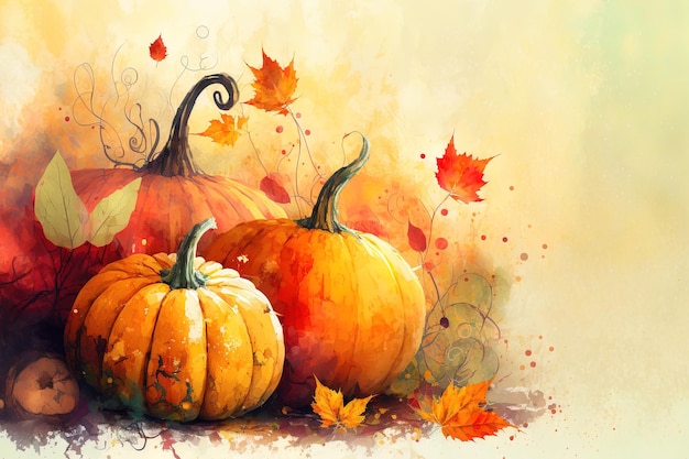 Autumn foliage and pumpkins with copy space to the right