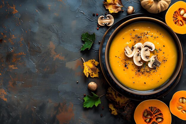 Photo autumn food pumpkin and mushroom soup with copy space