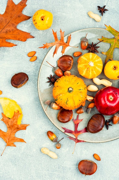 Autumn food pumpkins and nuts