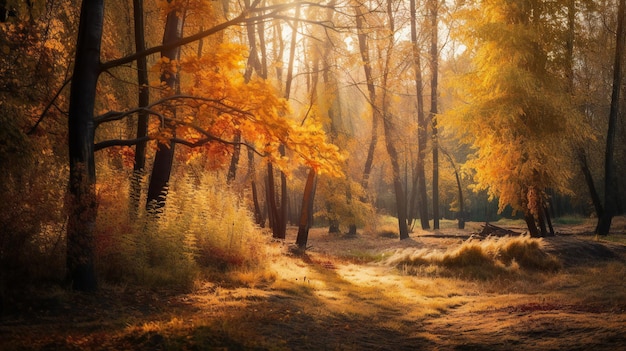 Autumn forest in bright sunlight landscape background nature forests