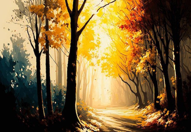 Autumn forest in bright sunlight landscape background nature forests