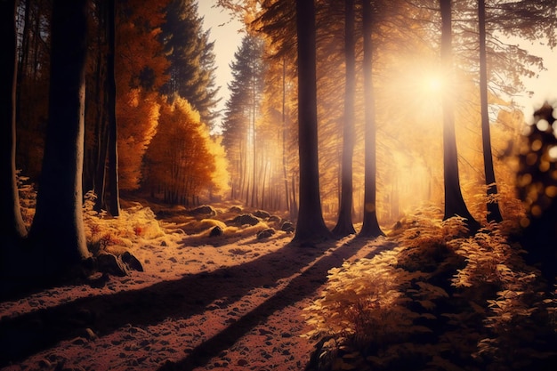 Autumn forest in bright sunlight scenery background nature forests