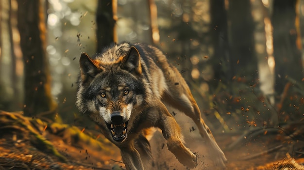 The autumn forest echoes with the majestic sprint of a wolf