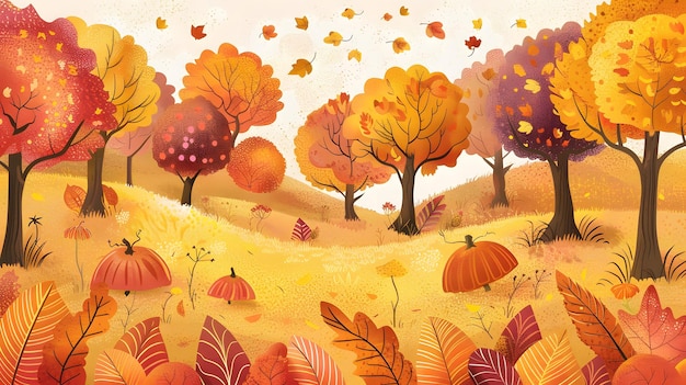 Autumn Forest Illustration With Falling Leaves