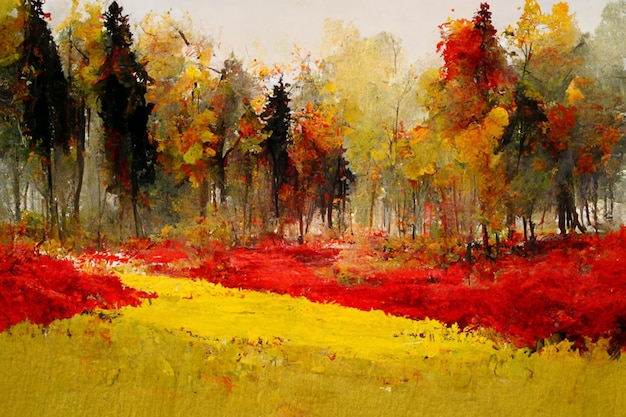 Autumn forest landscape Colorful watercolor painting of fall season Red and yellow trees