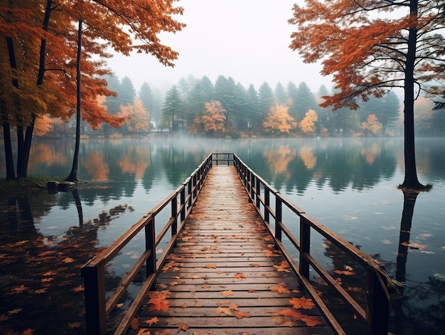 Autumn forest landscape reflection on the water with wooden pier Generative ai