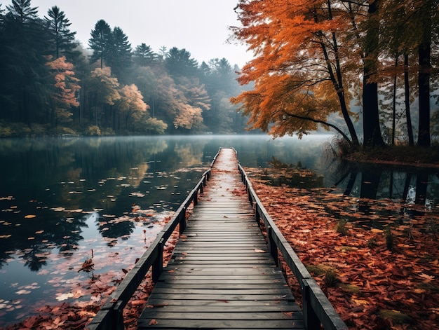 Autumn forest landscape reflection on the water with wooden pier Generative ai