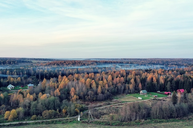 autumn forest landscape, view from a drone, aerial photography viewed from above in October park