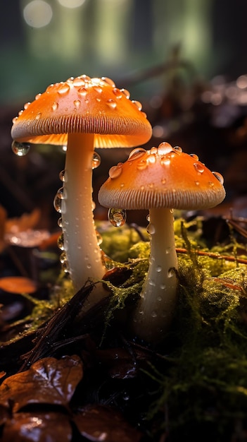 Autumn Forest Mushrooms with Raindrops Macro Delight