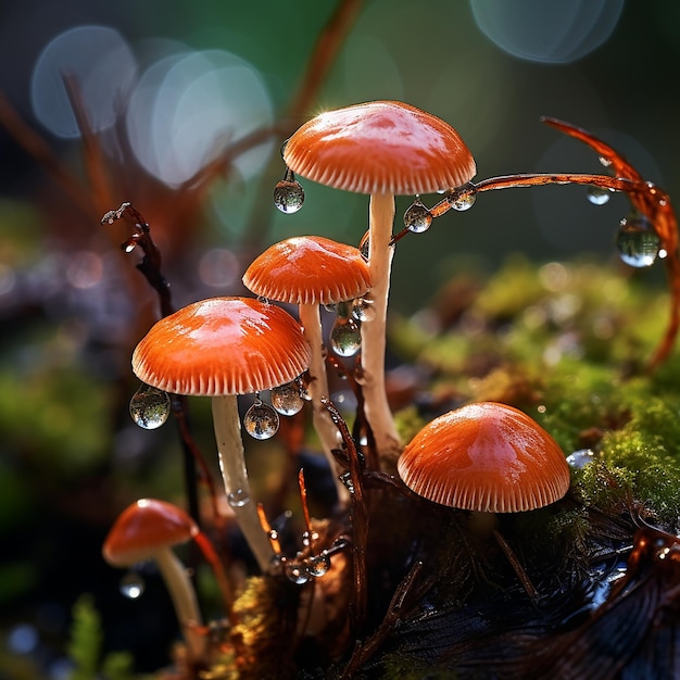 Autumn Forest Mushrooms with Raindrops Macro Delight