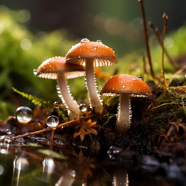 Autumn Forest Mushrooms with Raindrops Macro Delight