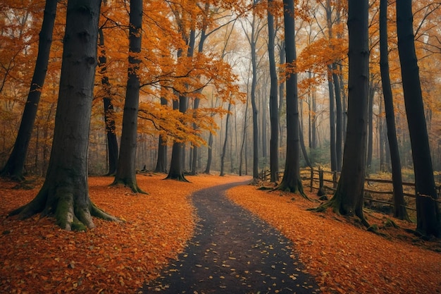 Autumn forest nature landscape with fall orange park