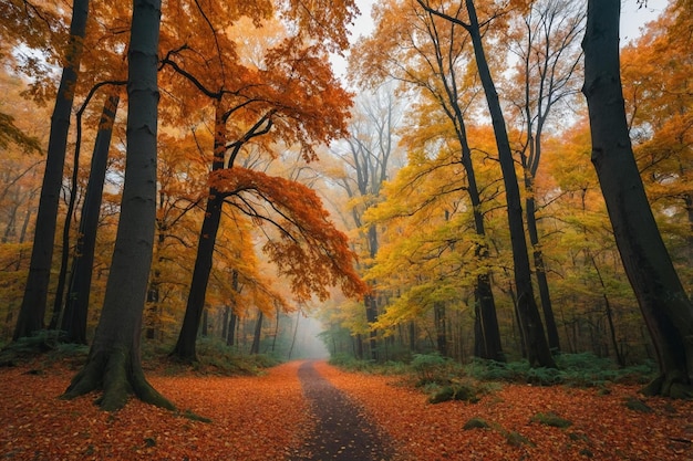 Autumn forest nature landscape with fall orange park