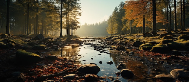 Autumn forest nature Vivid morning in colorful forest with sun rays through branches of trees