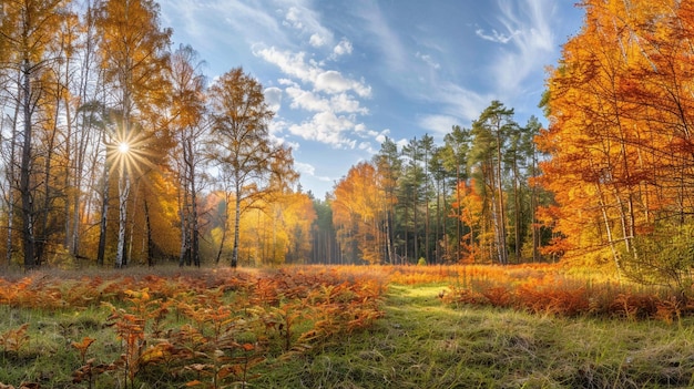 Autumn forest panorama in sunlight with no dark shadows