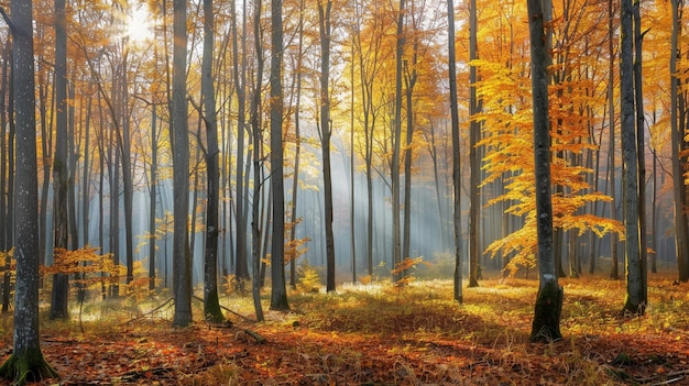 Autumn forest panorama in sunlight with no dark shadows