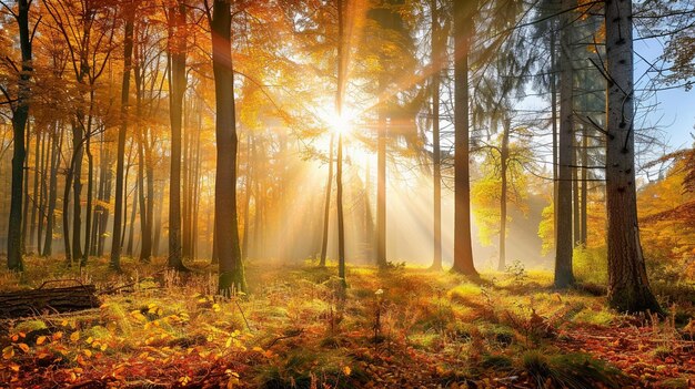 Autumn forest panorama in sunlight with no dark shadows